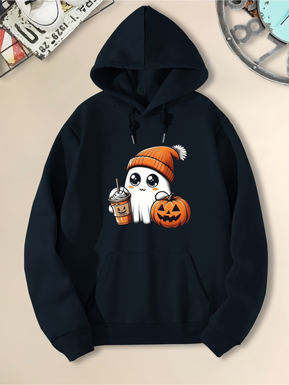 Men's Graphic Hoodie Adorable Ghost Holding Pumpkin Among Festive Autumn Props Ghost
