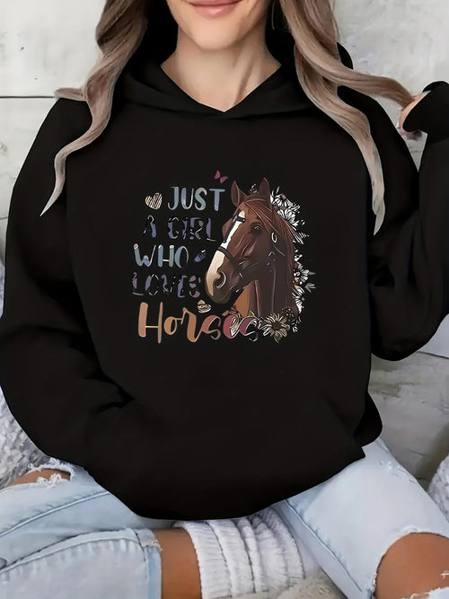 Women's Graphic Hoodie Just A Girl Who Loves Flowers Around Gentle Brown Horse