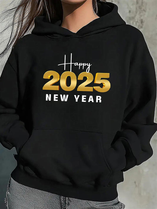 Women's Graphic Hoodie Happy 2025 New Year Metallic Gold Numbers Hoodie