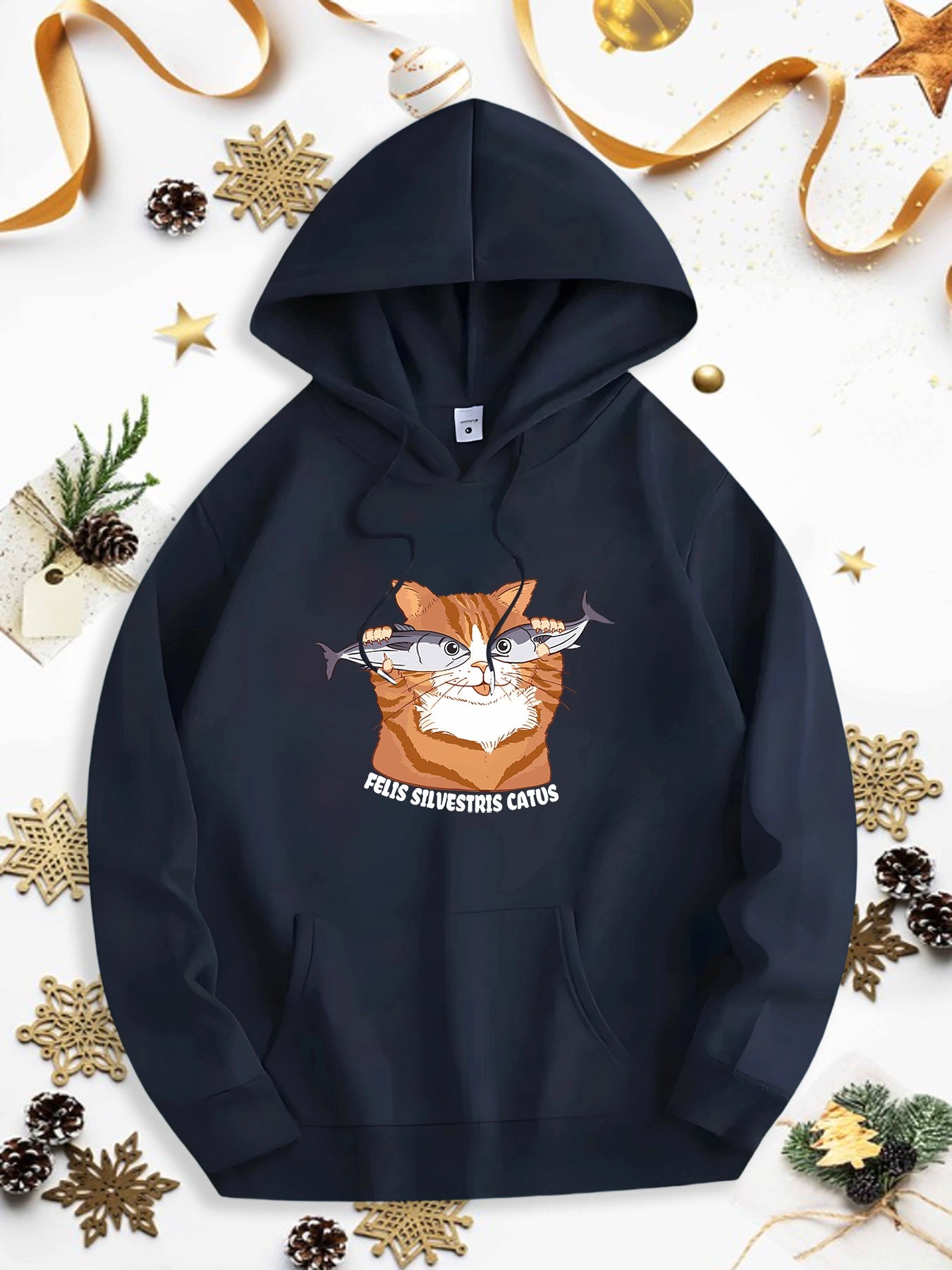 Men's Graphic Hoodie Great Adventurous Catfish Swimming With Playful Orange Cat Among Waves