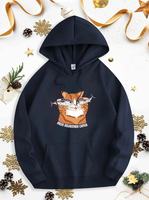 Men's Graphic Hoodie Great Adventurous Catfish Swimming With Playful Orange Cat Among Waves