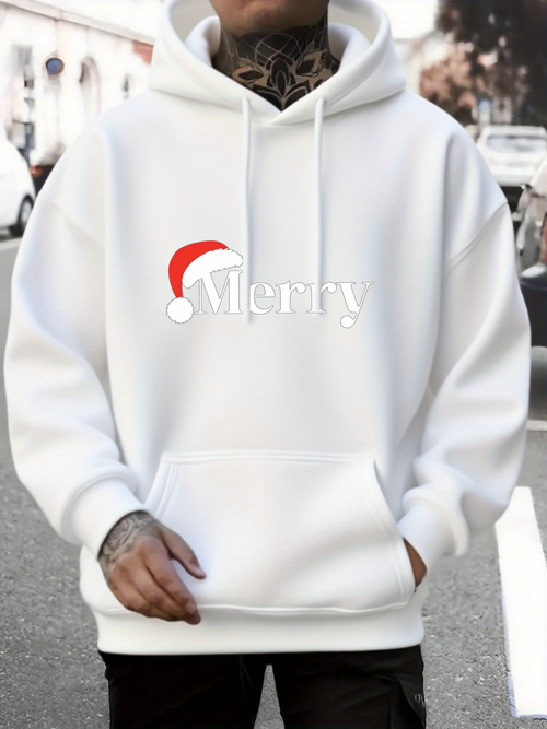 Men's Graphic Hoodie Merry With Red Santa Hat Under Bright Winter Sunlight Hoodie