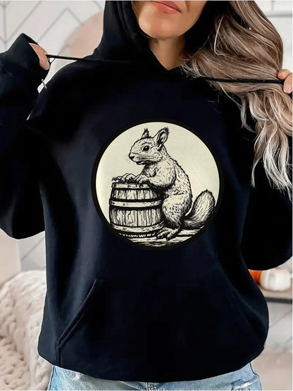 Women's Graphic Hoodie Vintage Woodland Charm Moonlit Scenery With Curious Squirrel Resting By Barrel
