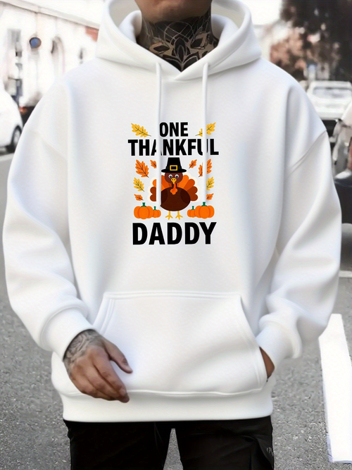 Men's Graphic Hoodie One Thankful Daddy With Pumpkin Hat Surrounded By Autumn Leaves