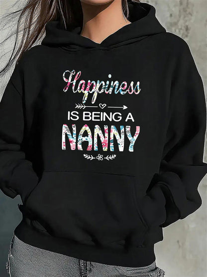 Women's Graphic Hoodie Happiness Is Being A Nanny With Pastel Florals And Vintage Script Lettering