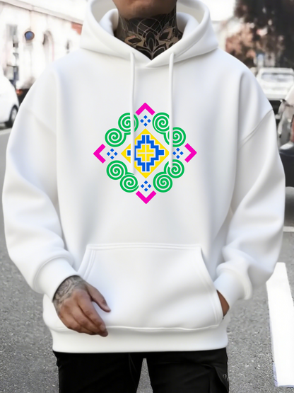 Men's Graphic Hoodie Vivid Geometric Pattern With Twisting Spiral Accents Brightly Colored Mandala
