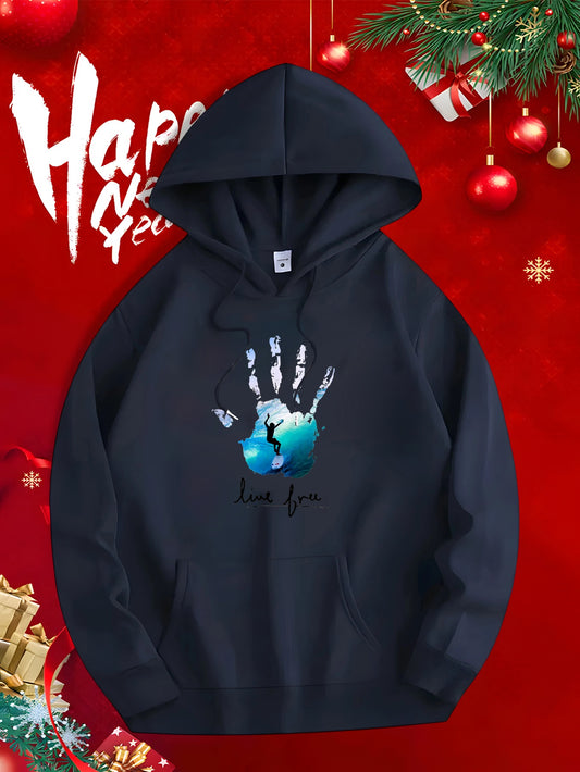 Men's Graphic Hoodie Love You Blue Ink Handprint Heart Under Winter Sky Hoodie