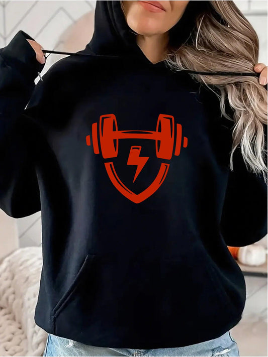 Women's Graphic Hoodie Bold Red Shield With Lightning Bolt And Weightlifting Barbell