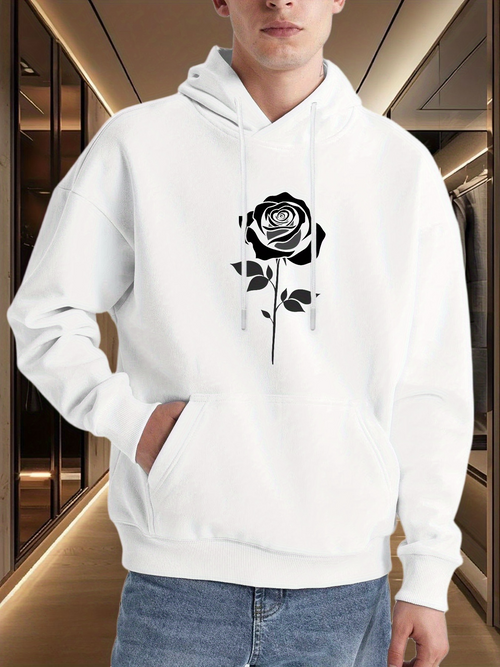 Men's Graphic Hoodie Minimal Black Stemmed Rose Surrounded By Subtle Petals Hoodie