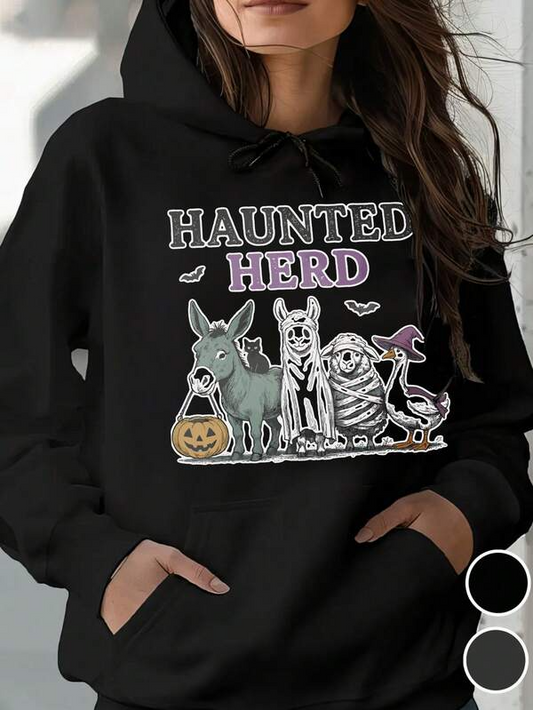 Women's Graphic Hoodie Haunted Herd Halloween Donkey Cow Sheep And Goose Hoodie