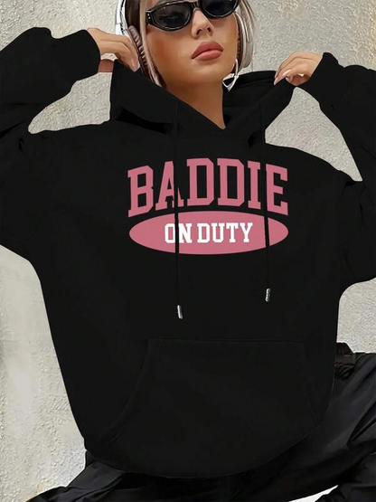 Women's Graphic Hoodie Baddie On Duty Bold Pink Letters Against Solid Black Hoodie
