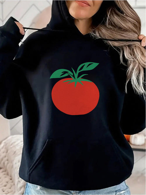 Women's Graphic Hoodie Minimalist Red Tomato With Green Leaves Centered On Plain Hoodie Tomato