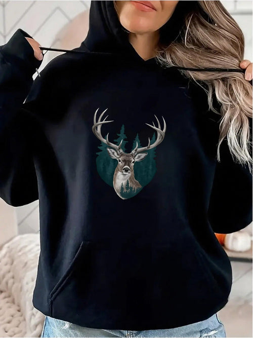 Women's Graphic Hoodie Majestic Woodland Deer With Pine Trees Behind Head Deer