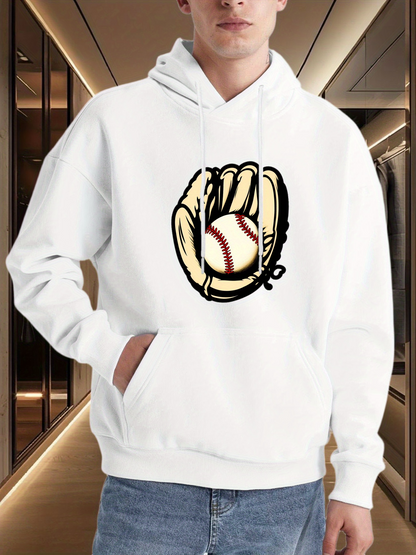 Men's Graphic Hoodie Classic Tan Glove Holding Baseball With Bold Outlined Details Glove