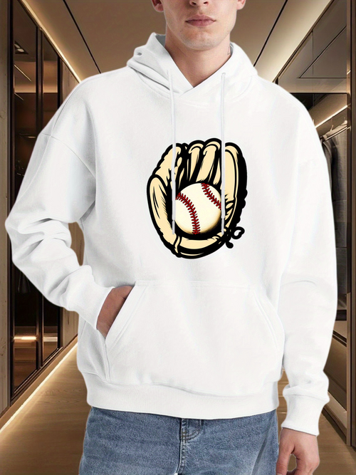 Men's Graphic Hoodie Classic Tan Glove Holding Baseball With Bold Outlined Details Glove