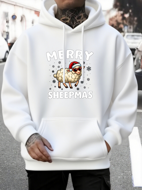 Men's Graphic Hoodie Merry Sheepmas Festive Holiday With Cartoon Santa Hat Sheep