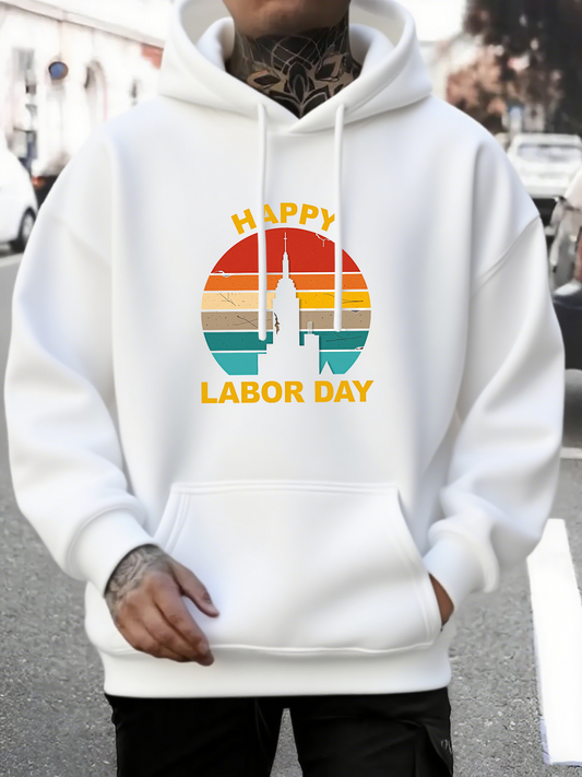 Men's Graphic Hoodie Happy Labor Day Sunset Silhouette With Vintage Retro Colored City Skyline