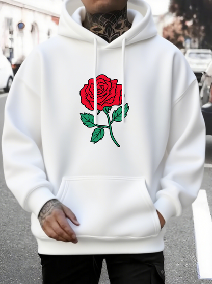 Men's Graphic Hoodie Vivid Red Rose With Lush Green Leaves On White Hoodie Rose