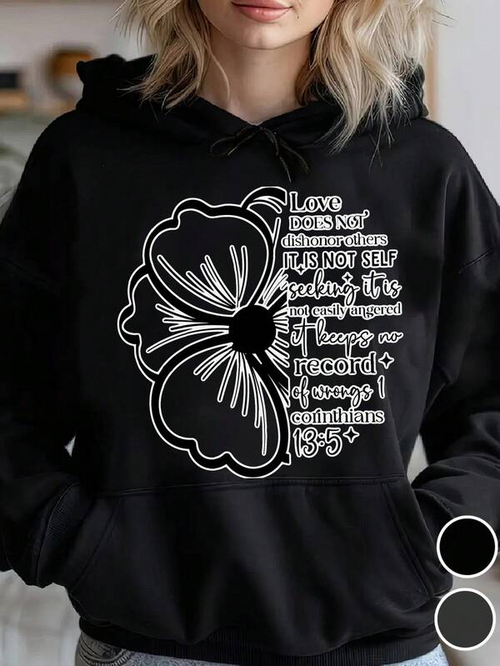 Women's Graphic Hoodie Love Is Patient Kind Enduring Among Bold Linework Blossom Flower
