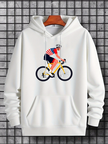 Men's Graphic Hoodie Speed Racer With Striped Shirt Cycling On Bright Yellow Bicycle