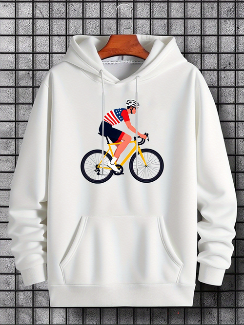 Men's Graphic Hoodie Speed Racer With Striped Shirt Cycling On Bright Yellow Bicycle