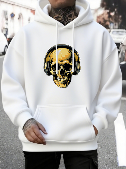 Men's Graphic Hoodie Golden Skull With Black Headphones Amid City Street Hoodie