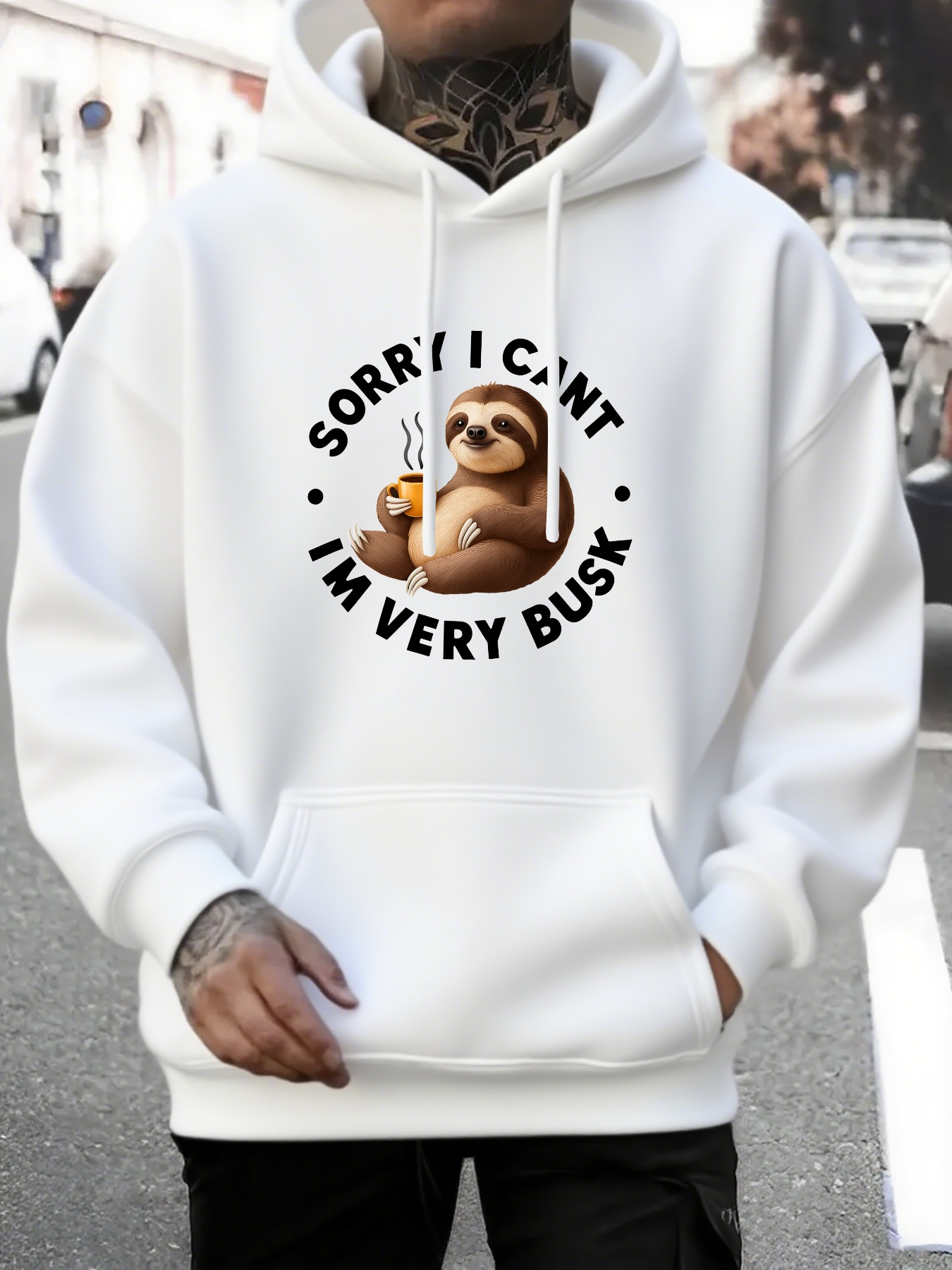 Men's Graphic Hoodie Sorry I Cant Im Very Busy Relaxing Sloth With Coffee Cup