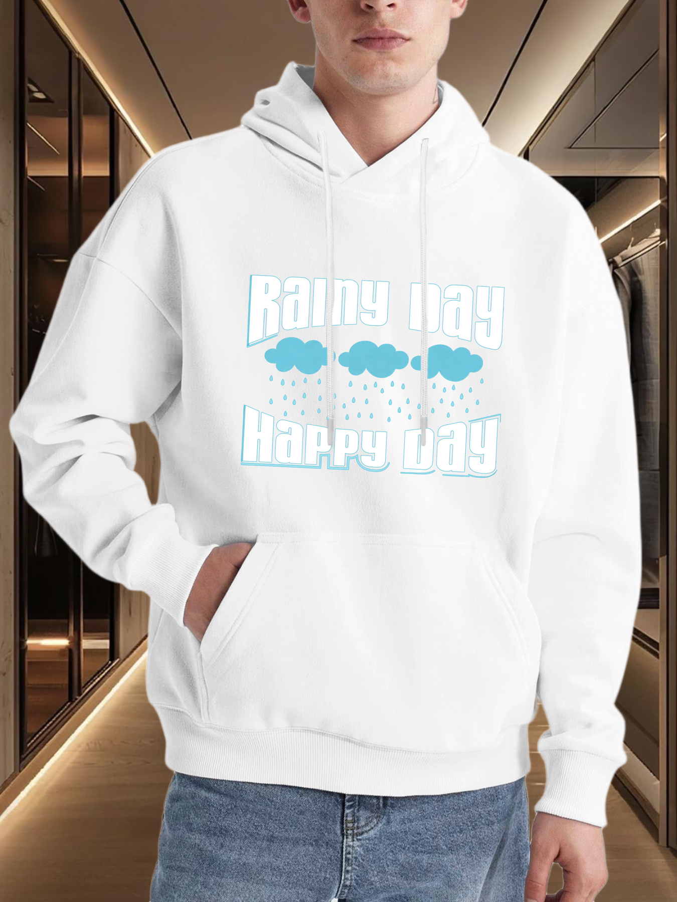 Men's Graphic Hoodie Rainy Day With Clouds And Falling Raindrops On A Cozy Hoodie