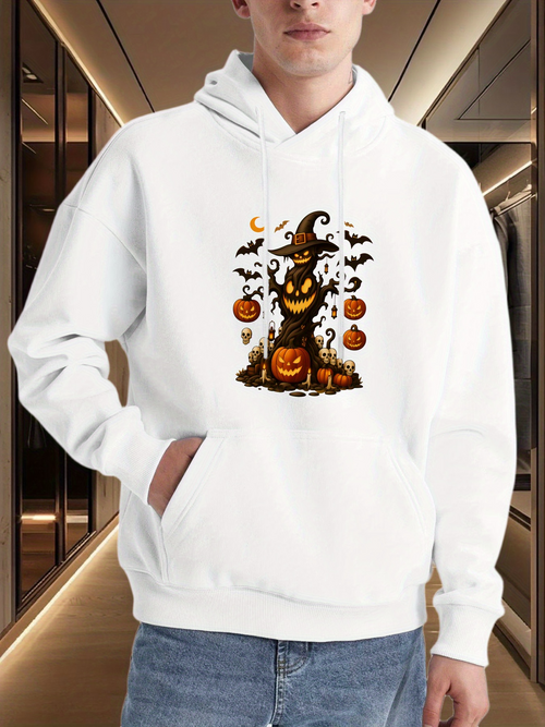 Men's Graphic Hoodie Halloween Night With Jack O Lanterns And Bats Surrounded By Glowing Pumpkins