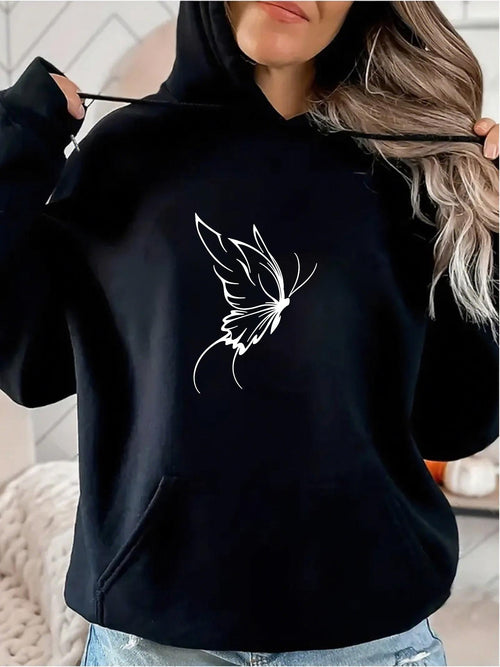 Women's Graphic Hoodie Delicate Outline Drawing With Graceful Wings On Elegant Butterfly