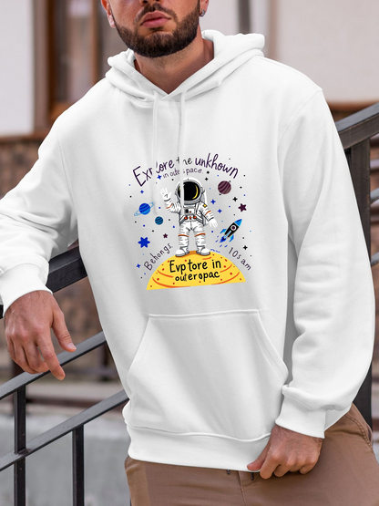 Men's Graphic Hoodie Explore The Unknown With Stars Planets And Floating Astronaut