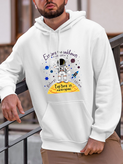 Men's Graphic Hoodie Explore The Unknown With Stars Planets And Floating Astronaut