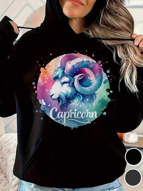 Women's Graphic Hoodie Capricorn Watercolor Dreamy Stars With Majestic Ram Zodiac Symbol