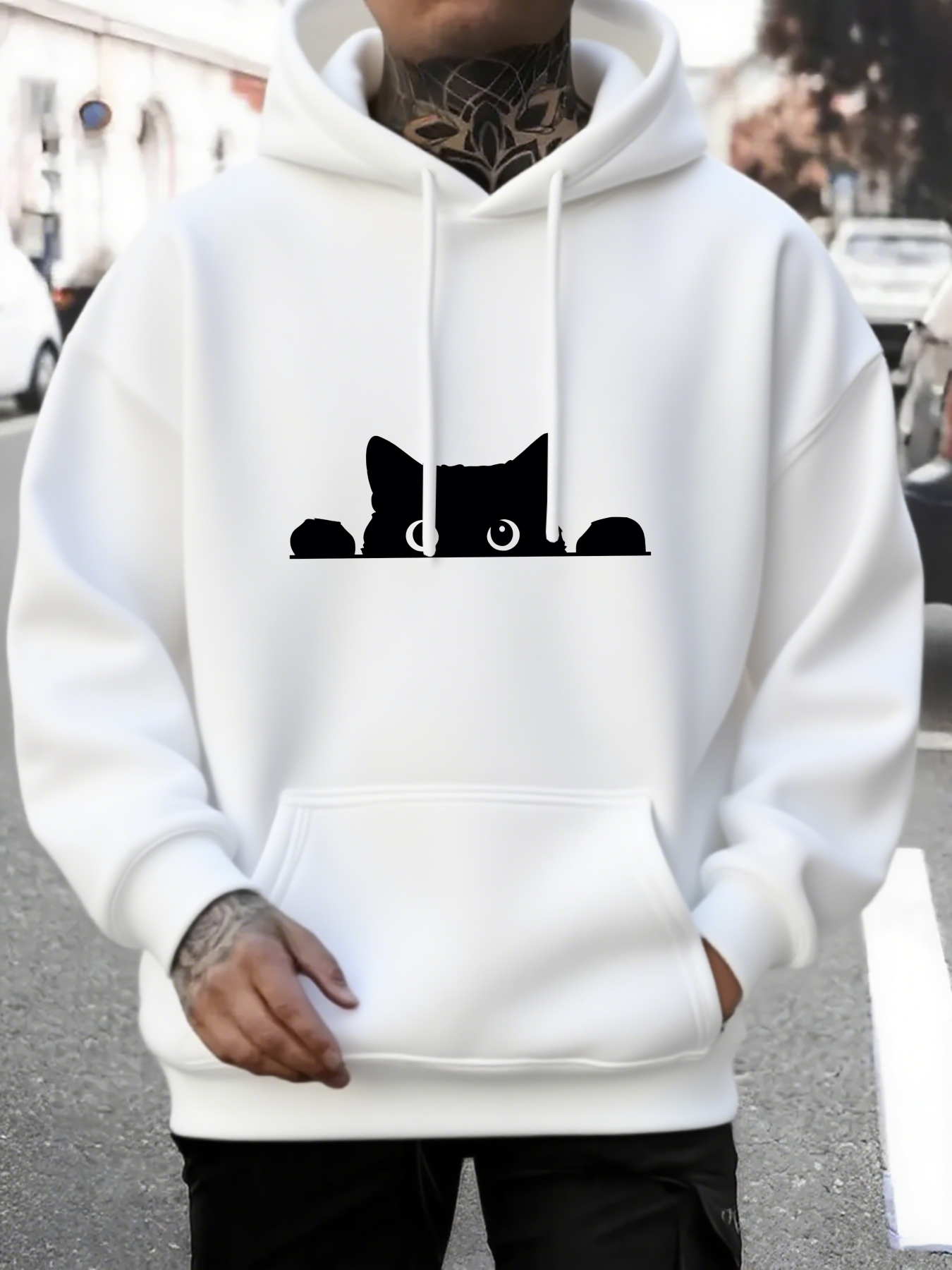 Men's Graphic Hoodie Playful Black Cat Peeking From The Edge Soft Silhouette Hoodie Cat