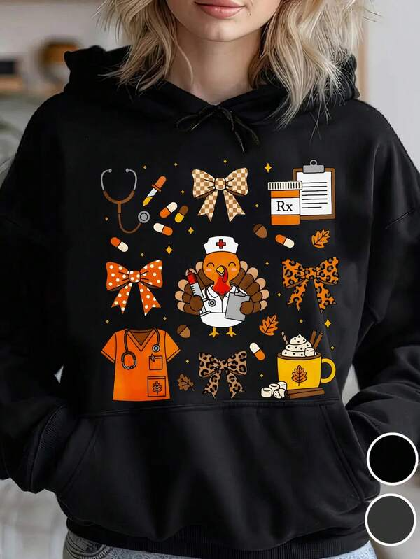 Women's Graphic Hoodie Whimsical Autumn Medical Tools And Coffee With Thanksgiving Turkey