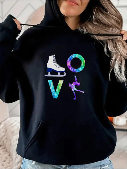Women's Graphic Hoodie Love With Colorful Letters And Ice Skater Under Winter Sky