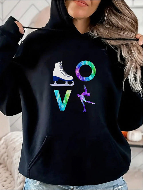 Women's Graphic Hoodie Love With Colorful Letters And Ice Skater Under Winter Sky