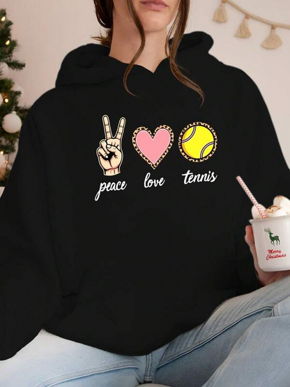 Women's Graphic Hoodie Peace Love With Bright Pink Heart And Vibrant Yellow Tennis Ball