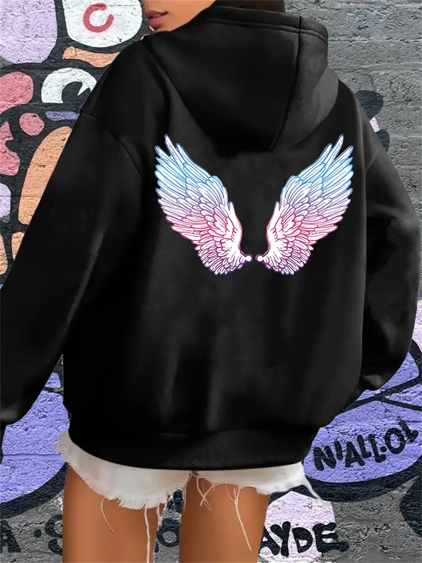 Women's Graphic Hoodie Gradient Pastel Feathers Among Dreamy Skies Angel Wings