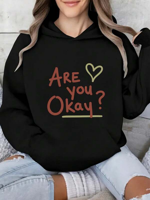 Women's Graphic Hoodie Are You Okay Sketch Heart And Playful Handwritten Lettering Hoodie