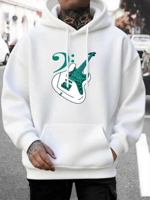 Men's Graphic Hoodie Emerald Notes Electric Guitar With Musical Motif Silhouette Artwork