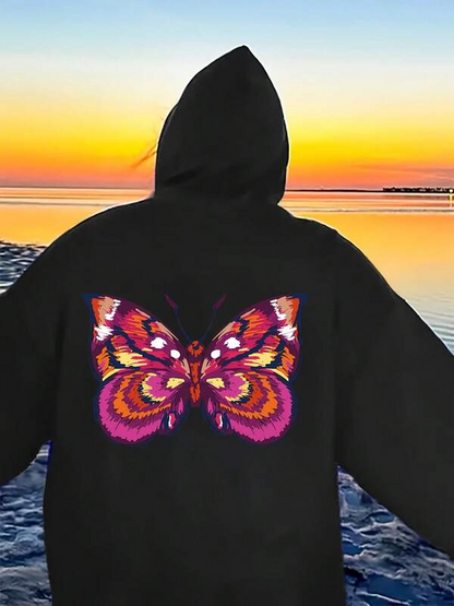 Women's Graphic Hoodie Vivid Colorful Embroidered Wings In Symmetry On Majestic Butterfly