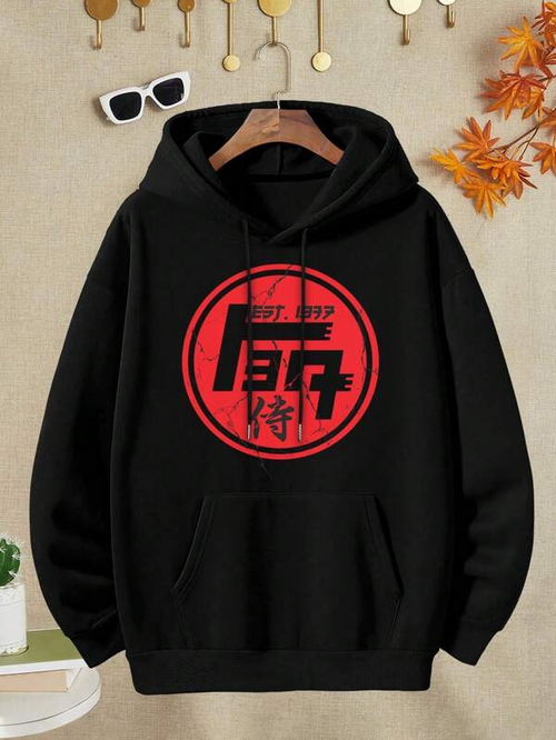 Women's Graphic Hoodie Black Red Abstract Circular Stamp Design Hoodie