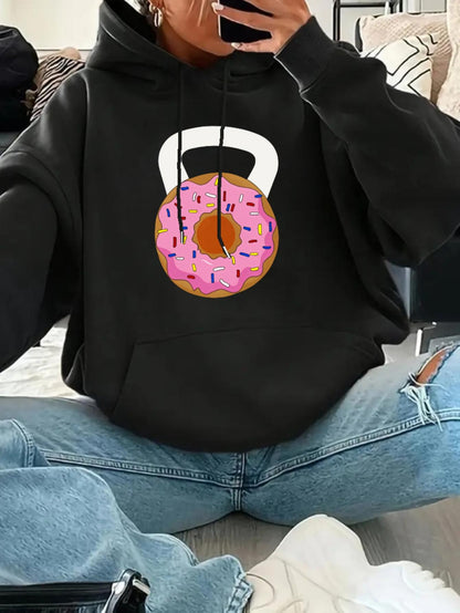 Women's Graphic Hoodie Pink Frosted Sprinkles With Black Handle Shaped Donut Kettlebell