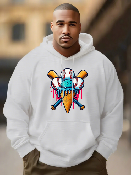 Men's Graphic Hoodie Colorful Ice Cream Cone With Dripping Baseballs And Crossed Bats
