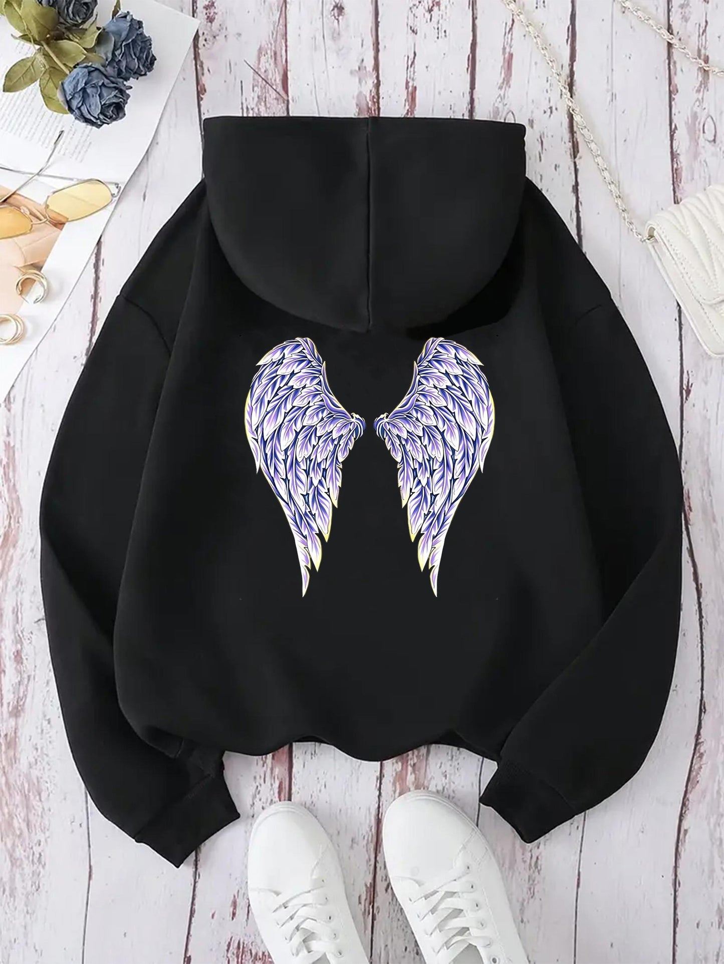Women's Graphic Hoodie Purple Feathered Wings Spreading Gracefully On Soft Fabric Hoodie