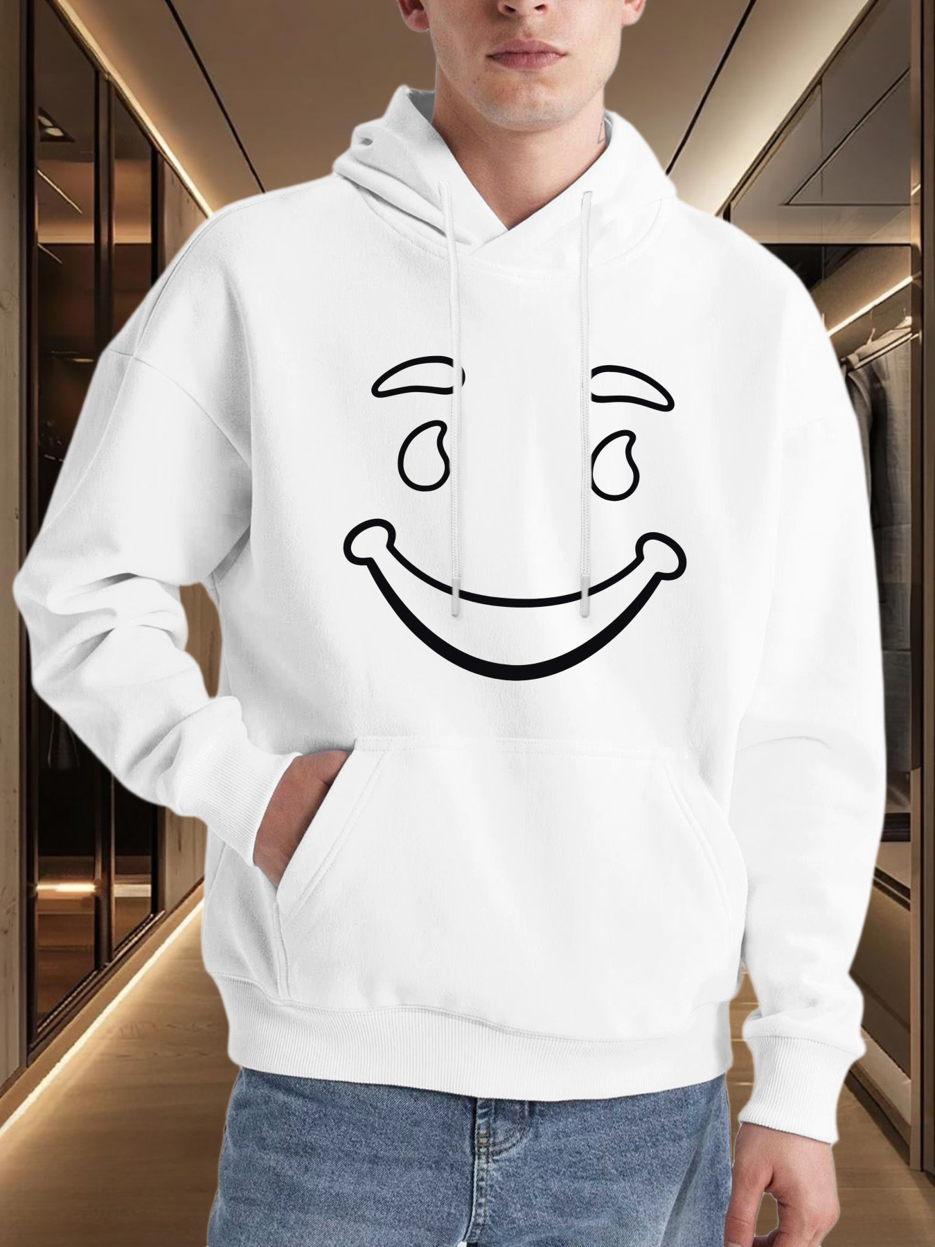 Men's Graphic Hoodie Playful Happy Face Sketch On Clean White Hoodie