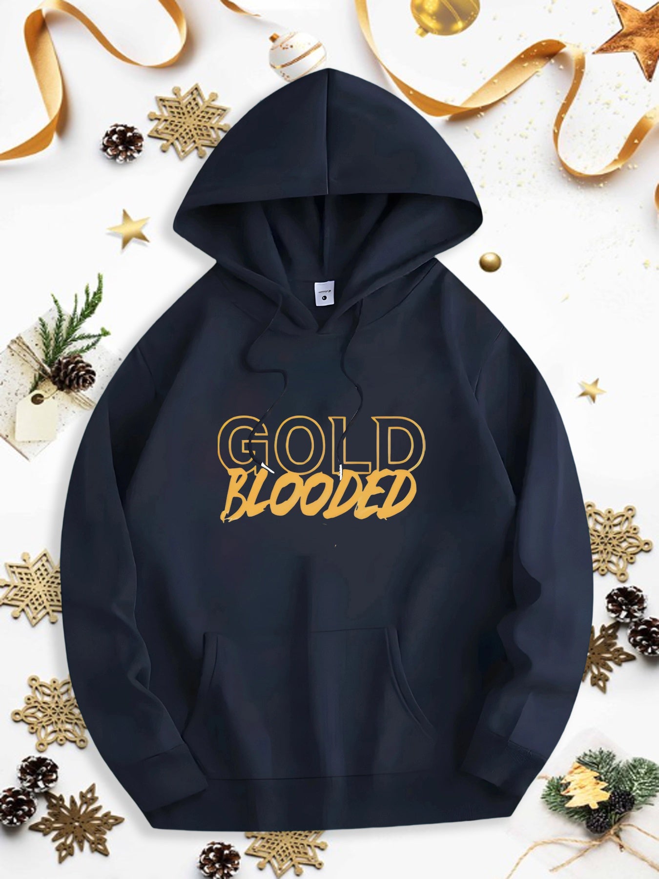 Men's Graphic Hoodie Gold Blooded Bold Lettering On Classic Black Hoodie