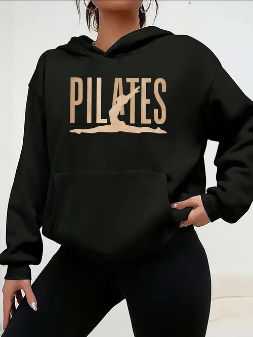 Women's Graphic Hoodie Pilates Stretching Body Silhouette Golden Tan Calm Woman