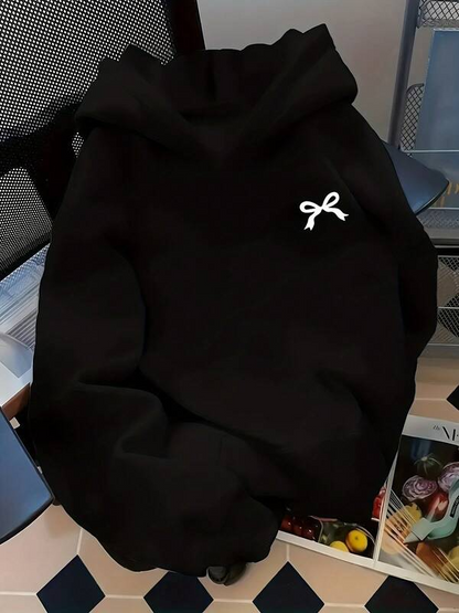 Women's Graphic Hoodie Minimalist White Ribbon Outline On Plain Black Hoodie